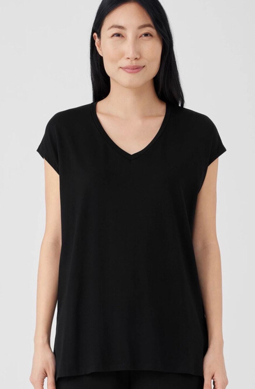 Eileen Fisher Fine Jersey V-Neck Top Boxy Fit Black Minimalist Women's L
